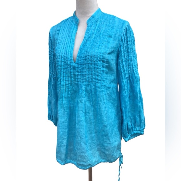 120% Lino Turquoise Blue Poet Blouse Size 42 - Picture 4 of 8